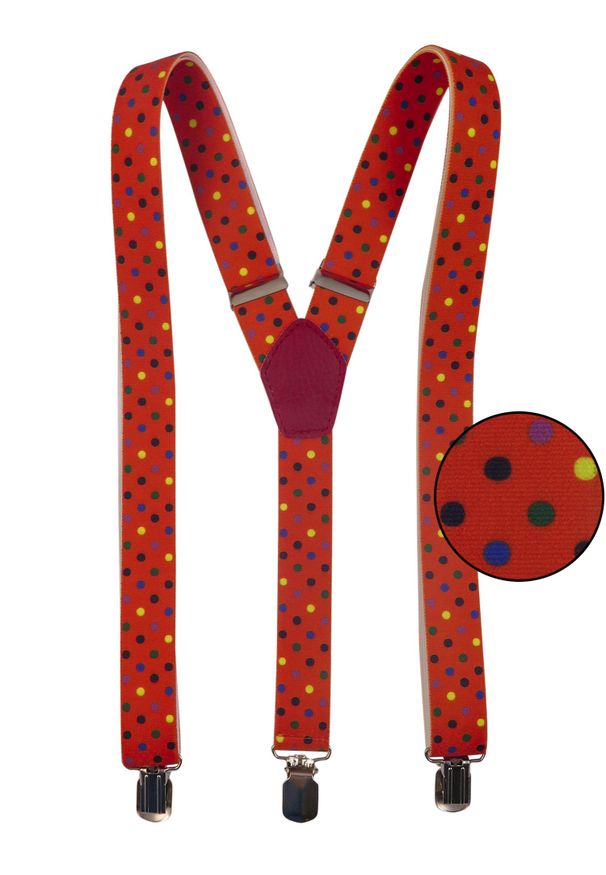 Modini - Pomarańczowe szelki w kolorowe kropki unisex X19. Kolor: pomarańczowy. Materiał: skóra, guma. Wzór: kolorowy, kropki