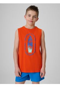 4f - 4F Koszulka bez rękawów regular z nadrukiem chłopięca - czerwona 152 (11-12 lat). Kolor: czerwony. Materiał: bawełna, skóra, materiał. Długość rękawa: bez rękawów. Wzór: nadruk. Sezon: lato #1