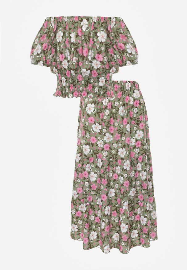 Born2be - Zielony 2-częściowy Komplet Bawełniany w Kwiaty z Topem i Spódnicą Odeleti. Kolor: zielony. Materiał: bawełna. Wzór: kwiaty