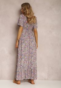 Renee - Fioletowo-Granatowa Sukienka Amarhiolea. Kolor: fioletowy. Długość rękawa: krótki rękaw. Wzór: kwiaty, aplikacja. Styl: klasyczny. Długość: maxi #5