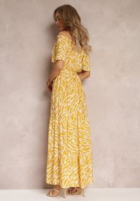 Renee - Żółta Długa Sukienka Hiszpanka z Wiskozy z Gumką w Pasie Channe. Typ kołnierza: dekolt hiszpanka. Kolor: żółty. Materiał: wiskoza. Sezon: lato. Styl: wakacyjny. Długość: maxi #5