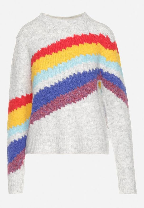 Born2be - Jasnoszary Sweter z Poprzecznymi Paskami Rentina. Kolor: szary. Materiał: jeans. Styl: klasyczny