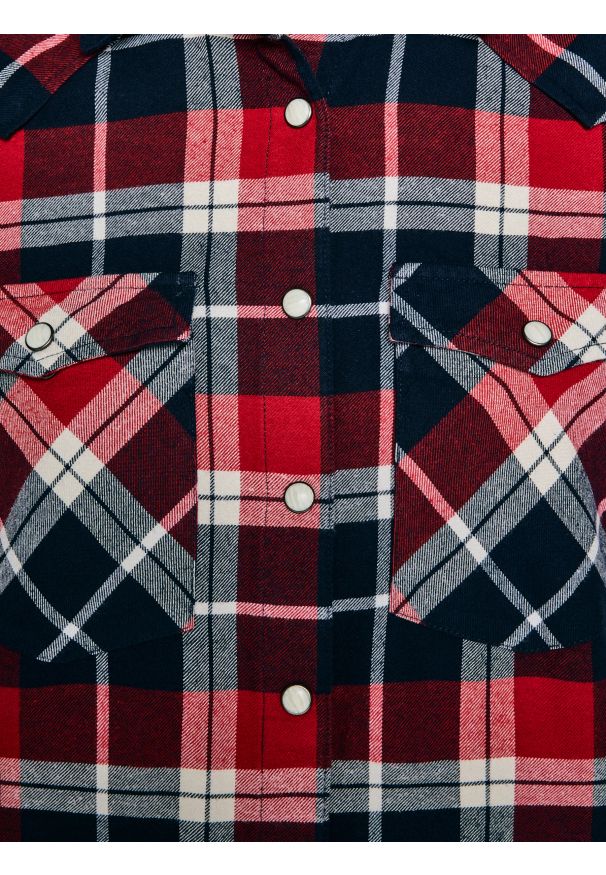 Big-Star - Koszula damska flanelowa z kratę czerwono-granatowa Hiri 603. Okazja: na co dzień. Kolor: czerwony. Wzór: kratka. Styl: elegancki, casual