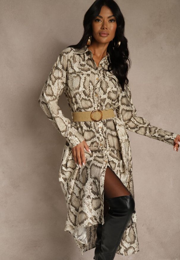 Renee - Beżowa Koszulowa Sukienka Snake Print z Wiskozą i Paskiem Bririn. Okazja: na co dzień. Kolor: beżowy. Materiał: wiskoza. Wzór: nadruk. Typ sukienki: koszulowe. Styl: casual