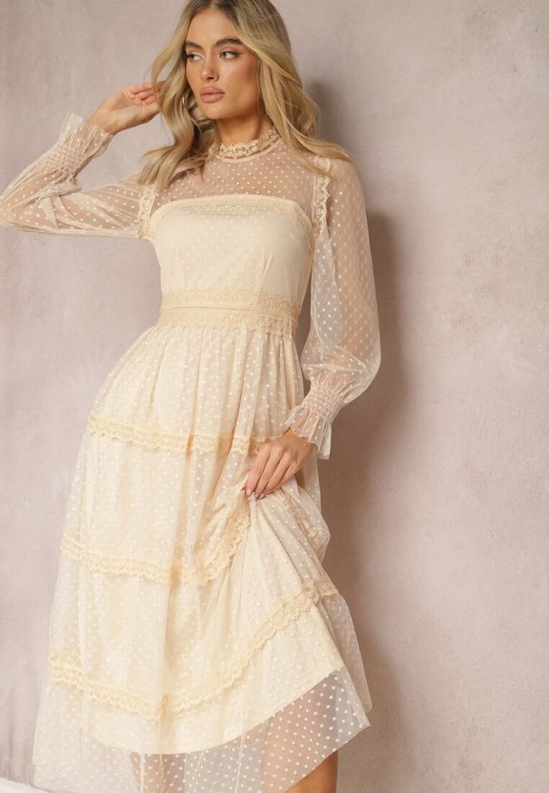 Renee - Beżowa Koronkowa Sukienka Rozkloszowana z Falbanką Faberlla. Kolor: beżowy. Materiał: koronka. Długość rękawa: długi rękaw. Wzór: koronka