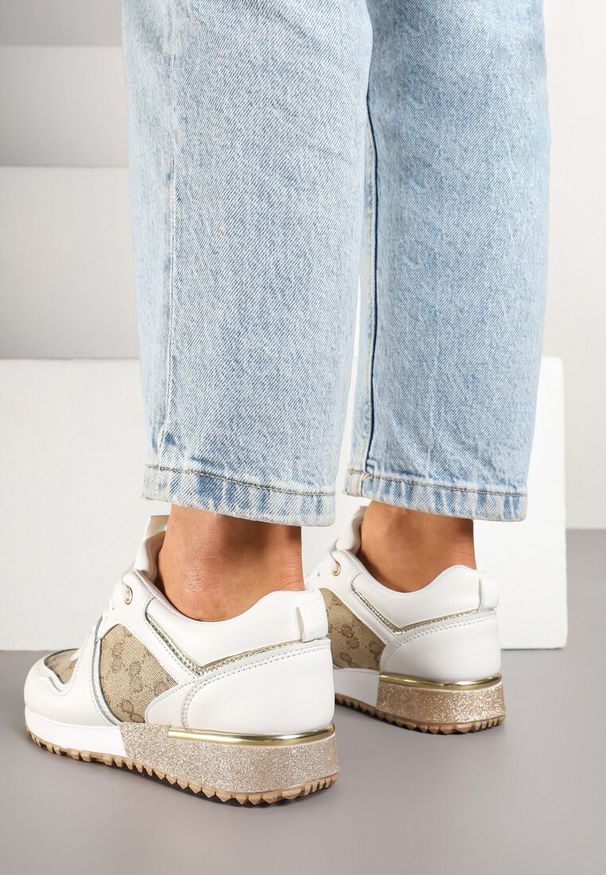 Born2be - Biało-Brązowe Sneakersy z Ozdobnymi Przeszyciami i Metaliczną Wstawką Miltia. Okazja: na co dzień. Kolor: biały