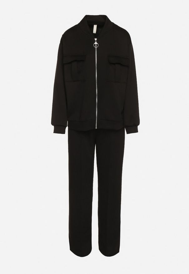 Born2be - Czarny Bawełniany Komplet Dresowy Bluza na Suwak i Spodnie Tevrisa. Kolor: czarny. Materiał: bawełna, dresówka. Sport: turystyka piesza