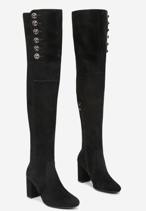 Renee - Czarne Kozaki Muszkieterki za Kolano na Obcasie Zivohy. Okazja: na co dzień. Wysokość cholewki: za kolano. Zapięcie: zamek. Kolor: czarny. Materiał: jeans. Obcas: na obcasie. Styl: wizytowy, klasyczny, elegancki, casual. Wysokość obcasa: średni