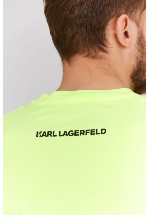 Karl Lagerfeld - KARL LAGERFELD Neonowy t-shirt męski z wypukłym logo, Rozmiar S. Typ kołnierza: dekolt w karo. Kolor: żółty. Materiał: prążkowany. Wzór: aplikacja