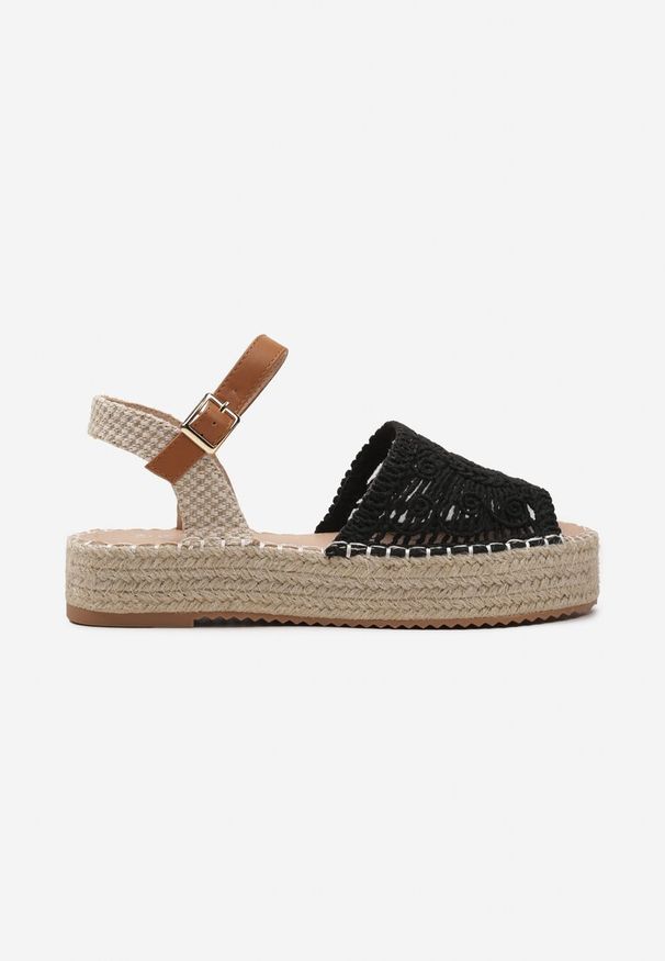 Renee - Czarne Sandały Espadryle z Plecionym Noskiem Peep Toe i Jutową Platformą Drelpa. Nosek buta: otwarty. Zapięcie: pasek. Kolor: czarny. Sezon: wiosna, lato. Obcas: na platformie. Styl: boho. Wysokość obcasa: średni