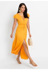 Sukienka z dżerseju z przeszyciem cienkimi gumkami bonprix żółty pomarańczowy. Typ kołnierza: dekolt w serek. Kolor: żółty. Materiał: jersey #5
