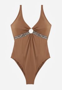 Renee - Brązowy Strój Kąpielowy z Paskiem w Geometryczny Print i Wycięciem Helania. Kolekcja: plus size. Kolor: brązowy. Wzór: geometria, nadruk #2