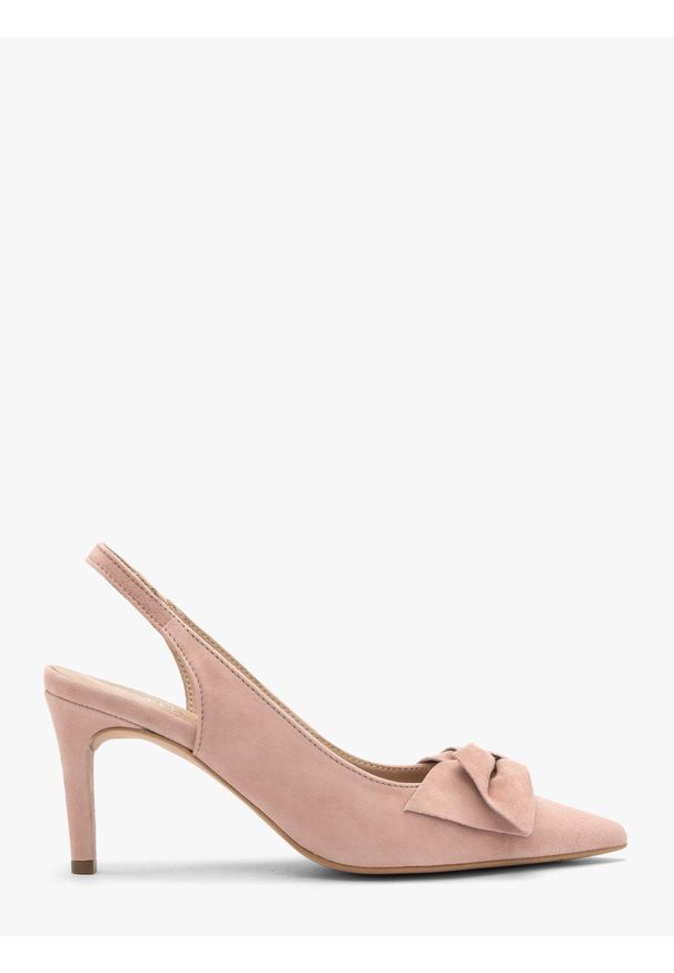 Ryłko - Różowe czółenka damskie bez pięty slingback z kokardą OFELIA. Zapięcie: bez zapięcia. Kolor: różowy. Materiał: welur. Obcas: na obcasie. Styl: street. Wysokość obcasa: średni