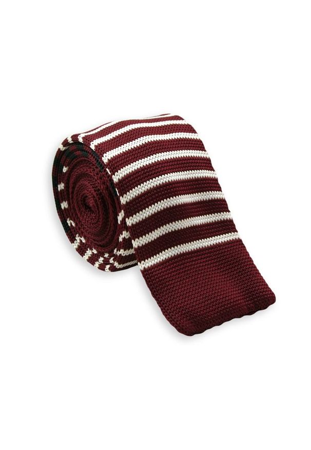 Dziergany Krawat Męski Knit w Cienkie Białe Pasy -5,5cm- Chattier, Bordowy. Kolor: czerwony. Materiał: poliester. Wzór: prążki, paski. Styl: sportowy