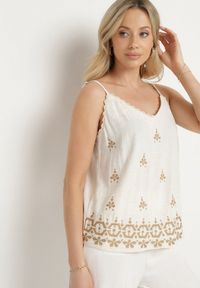 Born2be - Beżowy Top z Lnem i Wiskozą z Haftem w Stylu Boho Ronira. Okazja: na co dzień. Kolor: beżowy. Materiał: wiskoza, len. Długość rękawa: na ramiączkach. Wzór: haft. Sezon: lato. Styl: boho #6