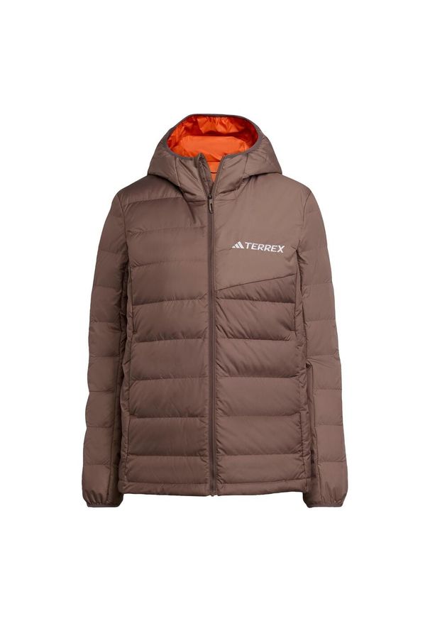 Adidas - Kurtka z kapturem Terrex Multi Light Down CLIMAWARM. Typ kołnierza: kaptur. Kolor: brązowy, wielokolorowy, beżowy. Materiał: puch. Technologia: ClimaWarm (Adidas). Sport: turystyka piesza
