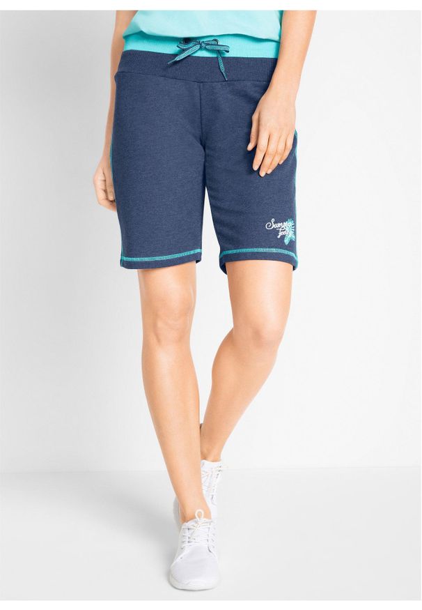 bonprix - Szorty dresowe z materiału z bawełną. Kolor: niebieski. Materiał: bawełna, materiał, dresówka. Wzór: prążki, haft