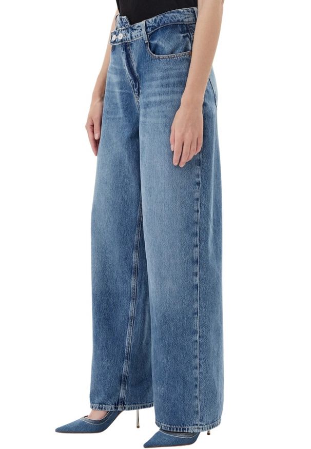 Guess - GUESS Niebieskie jeansy damskie z szeroką nogawką, Rozmiar XS. Okazja: na co dzień. Stan: podwyższony. Kolor: niebieski. Styl: casual, klasyczny