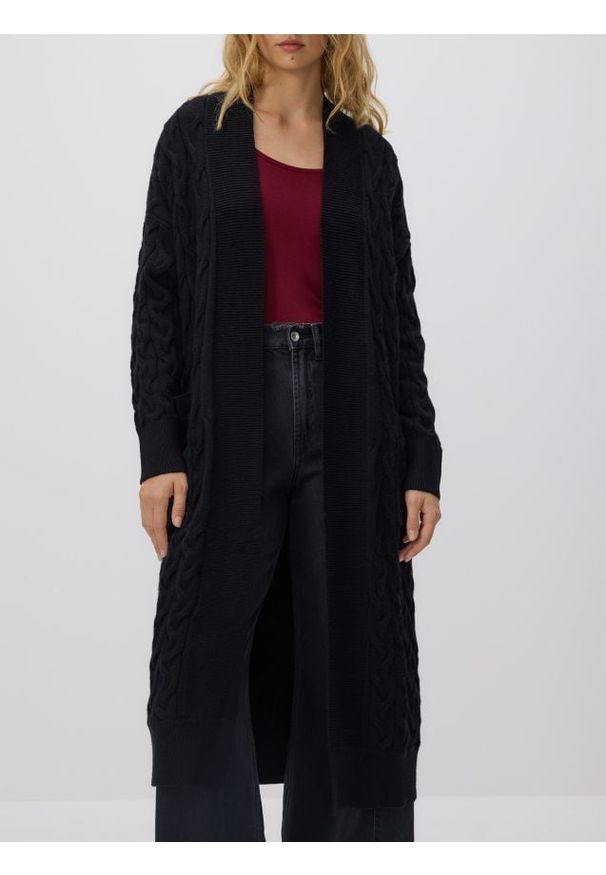 Reserved - Długi kardigan z wiskozą - czarny. Kolor: czarny. Materiał: wiskoza. Długość: długie