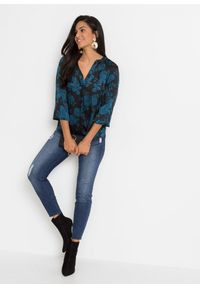 bonprix - Bluzka tunikowa z lekkiej krepy. Kolor: czarny. Wzór: nadruk #2