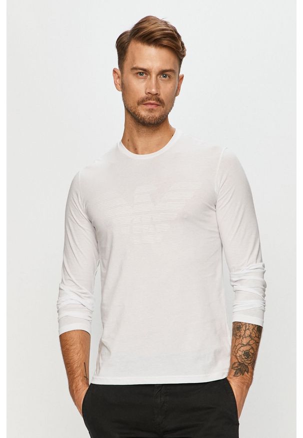 Emporio Armani - Longsleeve. Okazja: na co dzień. Kolor: biały. Materiał: bawełna, dzianina. Długość rękawa: długi rękaw. Wzór: nadruk. Styl: casual