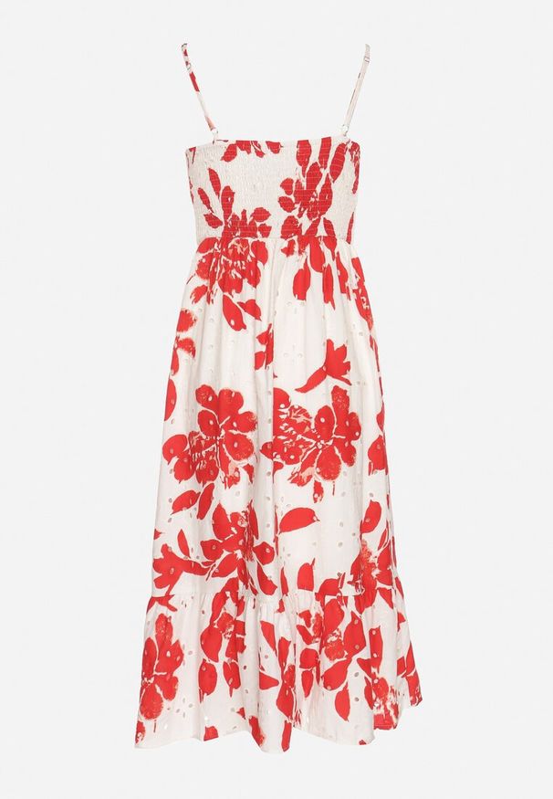 Born2be - Czerwona Ażurowa Sukienka z Bawełny o Rozkloszowanym Kroju na Ramiączkach Nitaria. Okazja: na imprezę, na co dzień, na spacer. Typ kołnierza: dekolt w kształcie V. Kolor: czerwony. Materiał: bawełna. Długość rękawa: na ramiączkach. Wzór: ażurowy. Sezon: lato. Styl: casual