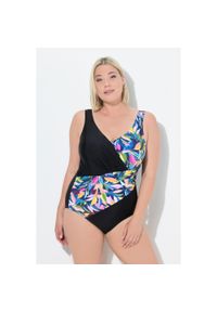 ULLA POPKEN - Damski Strój kąpielowy liście drapowany miękkie miseczki z recyklingu. Kolekcja: plus size. Kolor: czarny. Materiał: elastan, poliamid, materiał