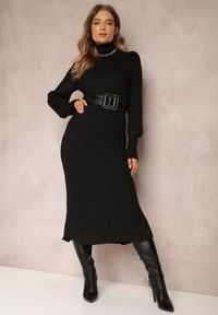 Renee - Czarna Sukienka Dzianinowa z Golfem i Szerokim Paskiem Tehy. Okazja: na co dzień. Typ kołnierza: golf. Kolor: czarny. Materiał: dzianina. Długość rękawa: długi rękaw. Typ sukienki: dopasowane. Styl: casual, elegancki #4