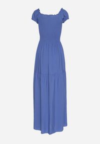 Born2be - Niebieska Wiskozowa Sukienka Hiszpanka z Marszczoną Górą Jenanira. Okazja: na co dzień. Typ kołnierza: dekolt hiszpanka. Kolor: niebieski. Materiał: wiskoza. Styl: klasyczny, casual #3