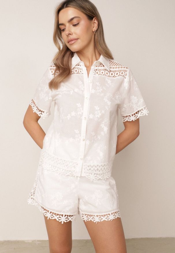 Born2be - Biały Bawełniany Komplet w Stylu Boho Koszula i Szorty z Haftem Lephine. Kolor: biały. Materiał: bawełna. Wzór: haft