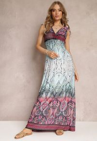 Renee - Niebiesko-Bordowa Kopertowa Sukienka Maxi z Gumkami w Talii i Ściągaczami na Ramionach Hannele. Kolor: niebieski. Materiał: materiał. Sezon: lato, wiosna. Typ sukienki: kopertowe. Długość: maxi #4