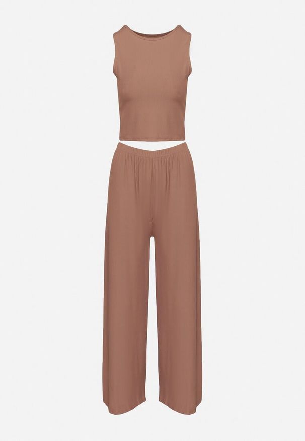 Born2be - Brązowy Prążkowany Komplet Dopasowany Top i Spodnie o Szerokim Kroju Miresia. Kolor: brązowy. Materiał: prążkowany