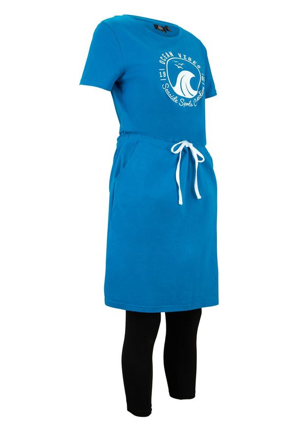 Sukienka shirtowa + legginsy (2 części), bawełna organiczna bonprix niebieski morski - czarny. Kolor: niebieski. Materiał: bawełna. Styl: sportowy