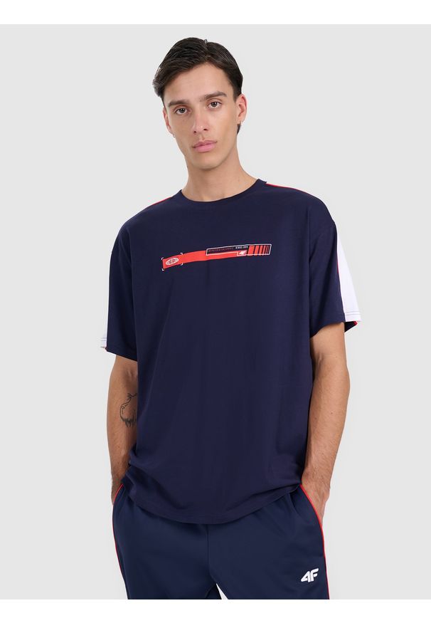 4f - 4F T-shirt oversize z nadrukiem męski - granatowy XXL. Okazja: na co dzień. Kolor: niebieski. Materiał: materiał, bawełna. Wzór: nadruk. Styl: casual