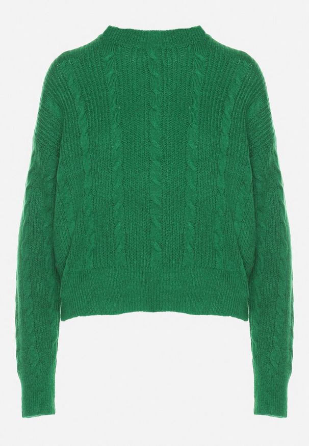 Born2be - Ciemnozielony Sweter Krótki z Wycięciem na Plecach Torine. Okazja: na co dzień. Kolor: zielony. Materiał: jeans. Długość: krótkie. Styl: klasyczny, elegancki, casual