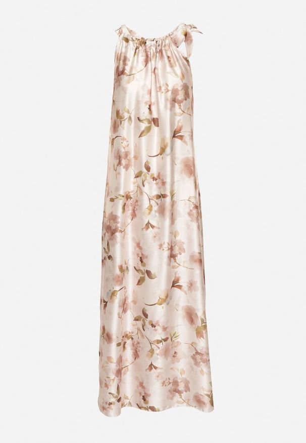 Born2be - Beżowa Satynowa Sukienka w Kwiaty Fenaresia. Okazja: na spacer, na co dzień. Kolor: beżowy. Materiał: satyna. Długość rękawa: na ramiączkach. Wzór: kwiaty. Sezon: lato. Typ sukienki: proste. Styl: casual, elegancki