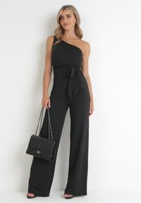 Born2be - Czarny Kombinezon na Jedno Ramię z Materiałowym Paskiem Keana. Kolor: czarny. Materiał: materiał. Długość: długie #2