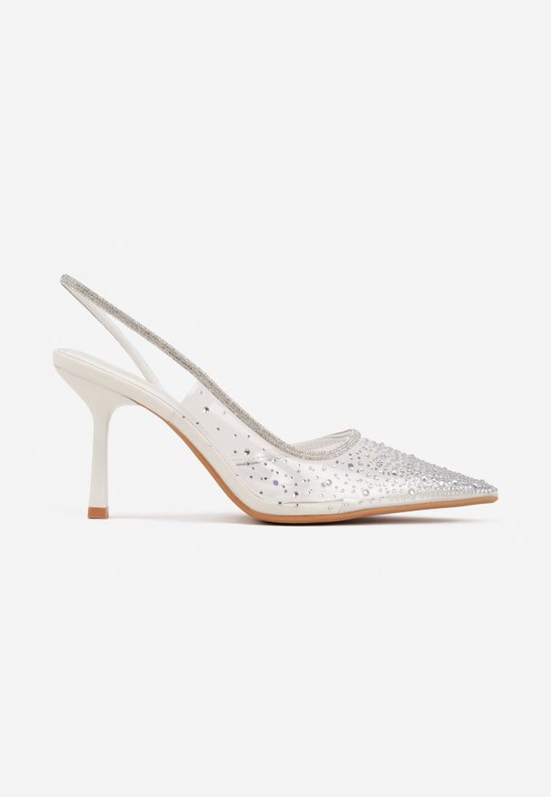 Renee - Białe Szpilki Slingback z Transparentną Cholewką i Cyrkoniami Liaceran. Okazja: na imprezę. Kolor: biały. Szerokość cholewki: normalna. Obcas: na szpilce. Styl: glamour, wizytowy