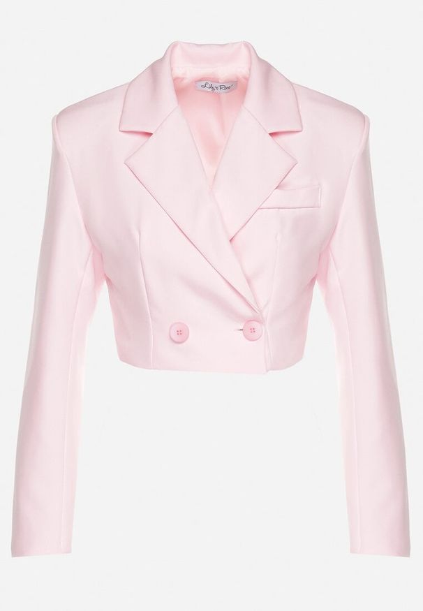 Born2be - Różowa Krótka Marynarka o Dwurzędowym Kroju Redaelia. Okazja: na co dzień. Kolor: różowy. Materiał: jeans. Długość: krótkie. Wzór: aplikacja. Styl: casual, elegancki