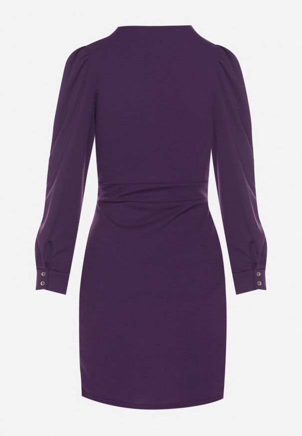 Born2be - Fioletowa Sukienka z Marszczeniem i Bufiastymi Rękawami Redenia. Kolor: fioletowy. Styl: klasyczny, elegancki