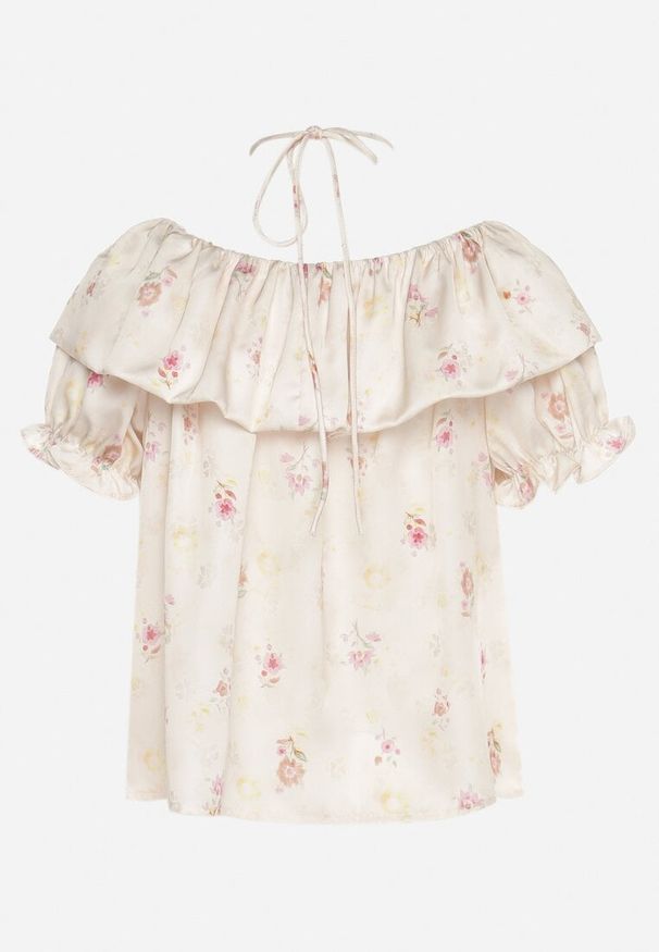 Born2be - Jasnobeżowa Bluzka Typu Hiszpanka z Chokerem w Kształcie Róży Ambidia. Typ kołnierza: dekolt hiszpanka. Kolor: beżowy. Materiał: materiał, jeans. Długość rękawa: krótki rękaw. Długość: krótkie. Styl: elegancki
