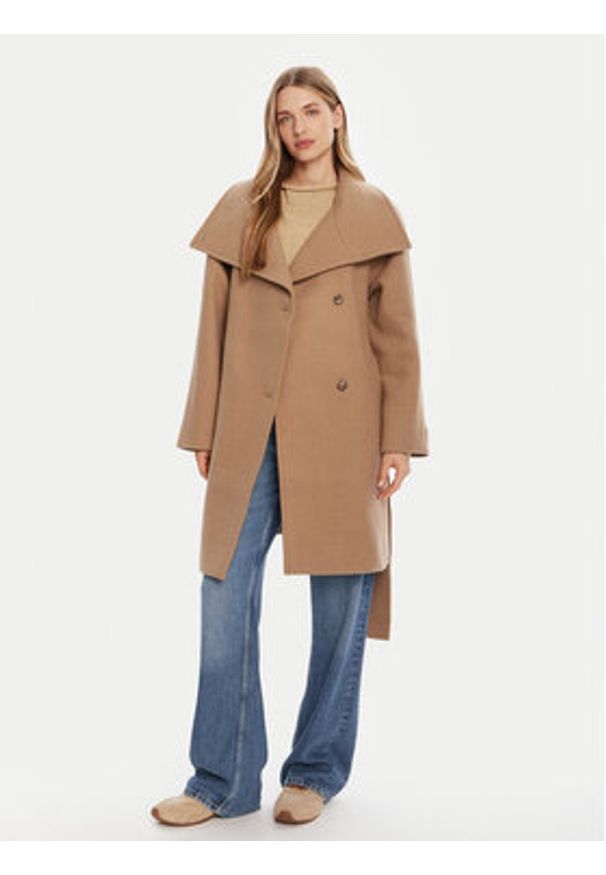 Calvin Klein Płaszcz wełniany LV044D557G Beżowy Regular Fit. Kolor: beżowy. Materiał: wełna