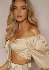 Renee - Beżowy Komplet Spódnica Wykończona Gumką w Pasie Top z Ozdobnym Sznurowaniem Dimetria. Kolor: beżowy. Materiał: jeans #3