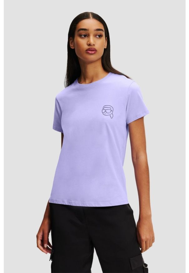 Karl Lagerfeld - KARL LAGERFELD Lawendowy damski t-shirt Ikonik 2.0 Jelly, Rozmiar S. Kolor: fioletowy. Materiał: bawełna. Długość rękawa: krótki rękaw. Długość: krótkie. Styl: klasyczny