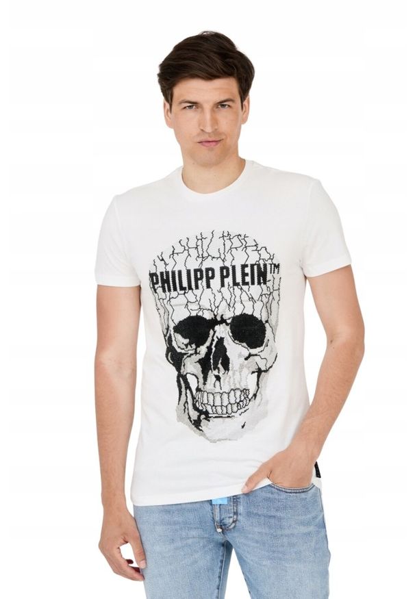 Philipp Plein - PHILIPP PLEIN Męski t-shirt biały z popękaną czaszką, Rozmiar XXL. Kolor: biały