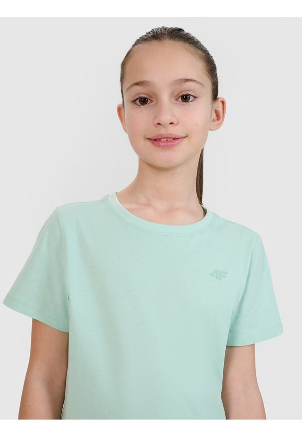 4f - 4F T-shirt regular gładki dziewczęcy - turkusowy 158 (12-13 lat). Okazja: na co dzień. Kolor: turkusowy. Materiał: bawełna, jersey, dzianina. Długość rękawa: krótki rękaw. Długość: krótkie. Wzór: gładki. Sezon: lato. Styl: sportowy, klasyczny, casual