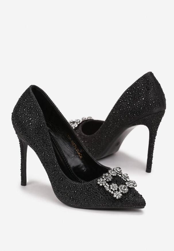 Renee - Czarne Szpilki z Brokatem i Cyrkoniami Dulcinia. Kolor: czarny. Materiał: materiał, skóra. Wzór: aplikacja. Obcas: na szpilce. Styl: elegancki. Wysokość obcasa: wysoki