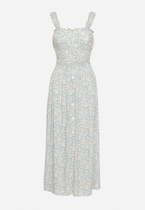 Born2be - Niebieski Komplet z Bawełny Top na Ramiączkach Spódnica z Gumką w Pasie i Guzikami Elasandra. Kolor: niebieski. Materiał: bawełna