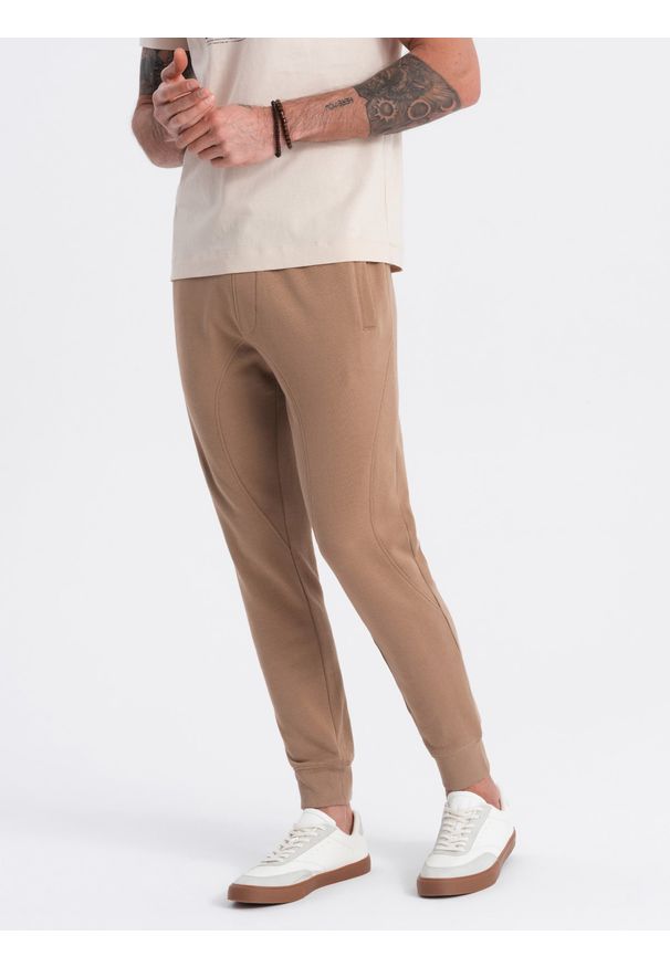 Ombre Clothing - Spodnie męskie dresowe typu jogger - brązowe V2. Okazja: na co dzień. Kolor: brązowy. Materiał: dresówka. Wzór: aplikacja. Styl: casual