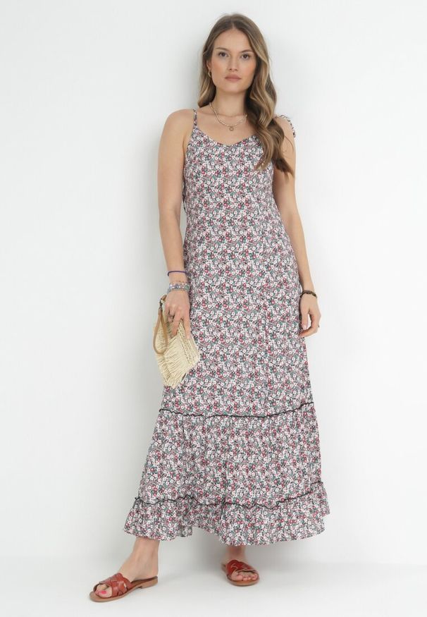 Born2be - Zielono-Biała Rozkloszowana Sukienka z Wiązanymi Ramiączkami i Odkrytymi Plecami Ratta. Kolor: zielony. Długość rękawa: na ramiączkach. Styl: wakacyjny